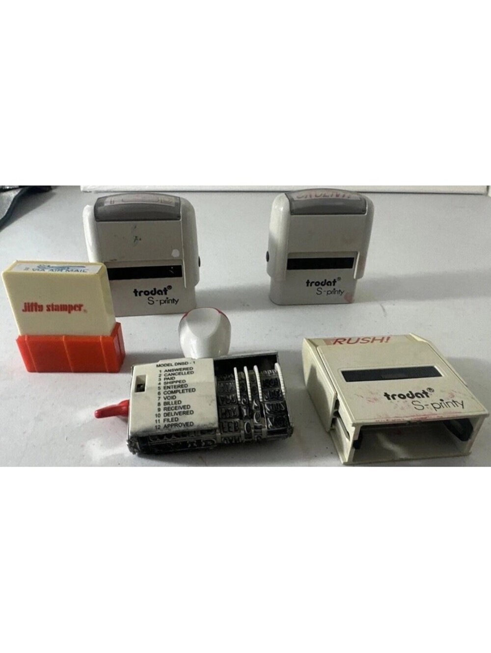 Vintage Office Stamp Lot 7 Pc Trodat Self Inking Dater RUSH URGENT FAXED Craft